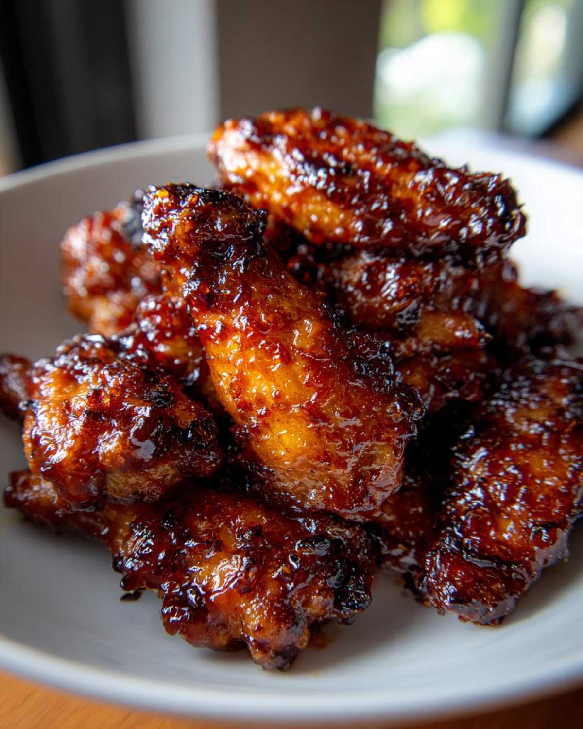 A close-up pile of incredibly crispy Honey Sriracha Chicken Wings Crispy Oven Baked, coated in a dark, glossy glaze.