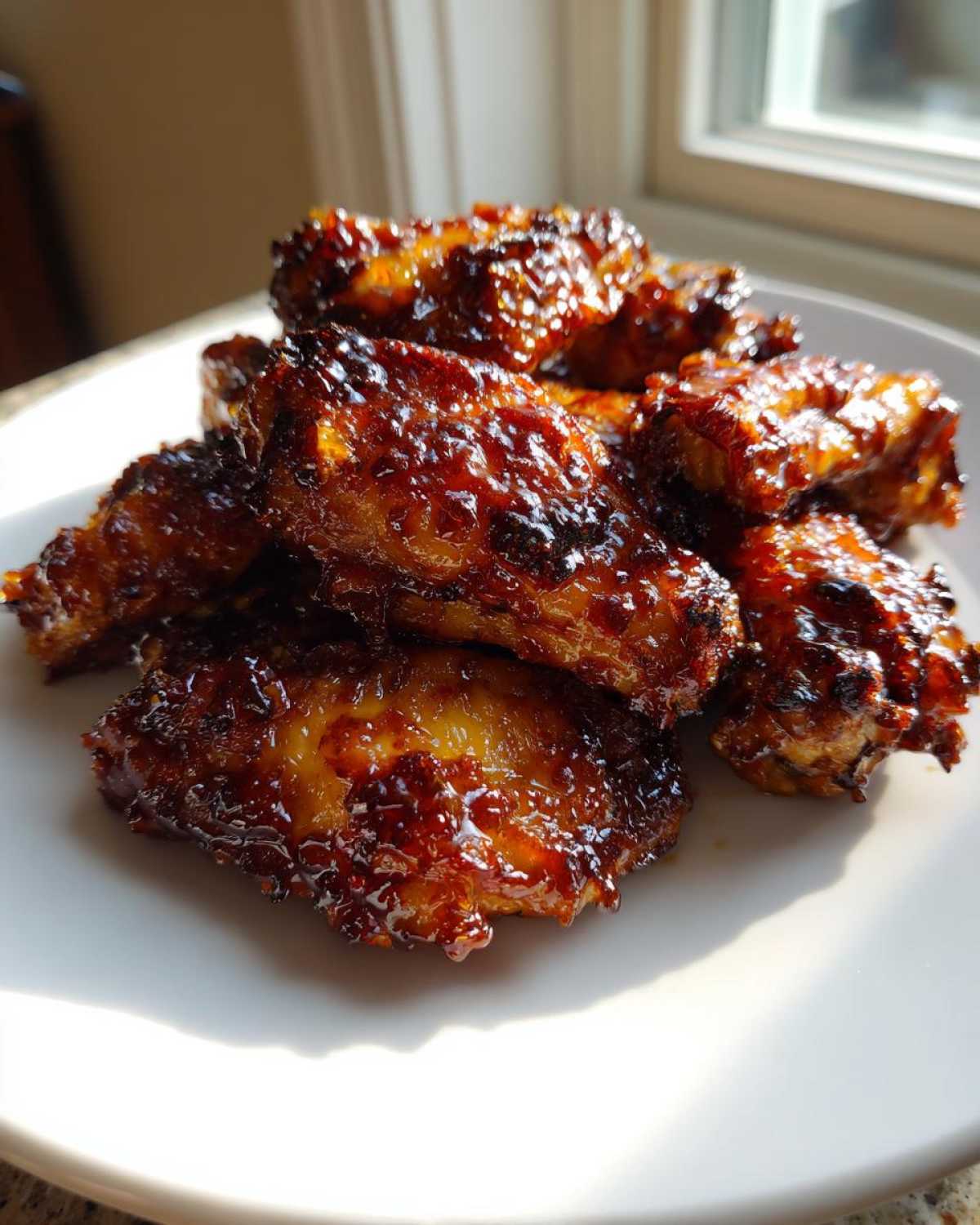 A pile of glossy, dark glazed Honey Sriracha Chicken Wings Crispy Oven Baked on a white plate.