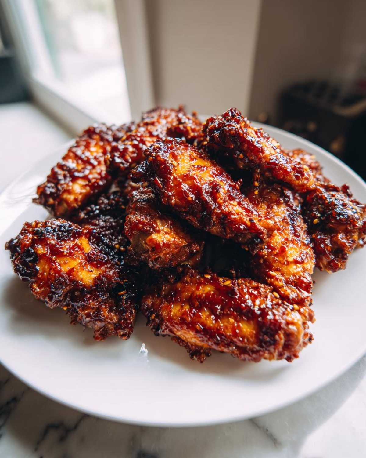 A mound of glistening Honey Sriracha Chicken Wings Crispy Oven Baked piled high on a white plate.