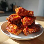 A pile of sticky and crispy Honey Sriracha Chicken Wings coated in a glossy, reddish-orange glaze on a white plate.
