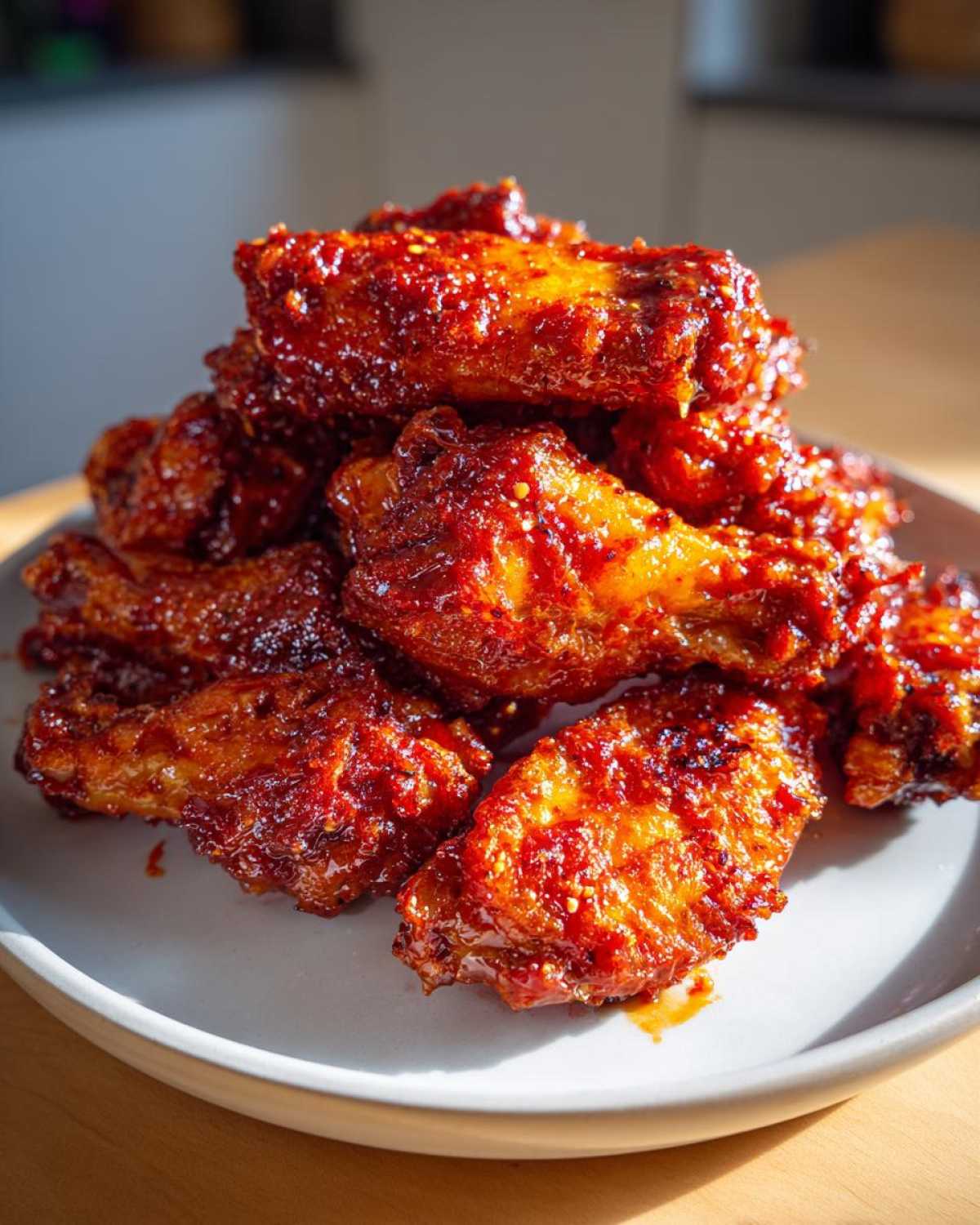 A close-up pile of sticky and crispy Honey Sriracha Chicken Wings glistening with sauce on a white plate.