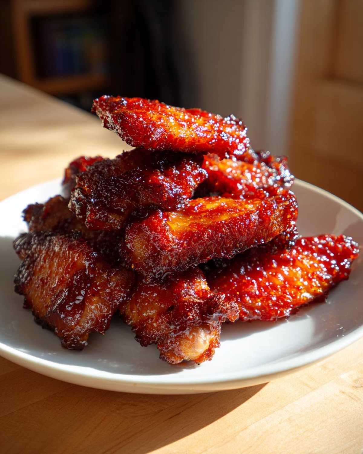 A stack of glistening, sticky Honey Sriracha Chicken Wings piled high on a white plate.
