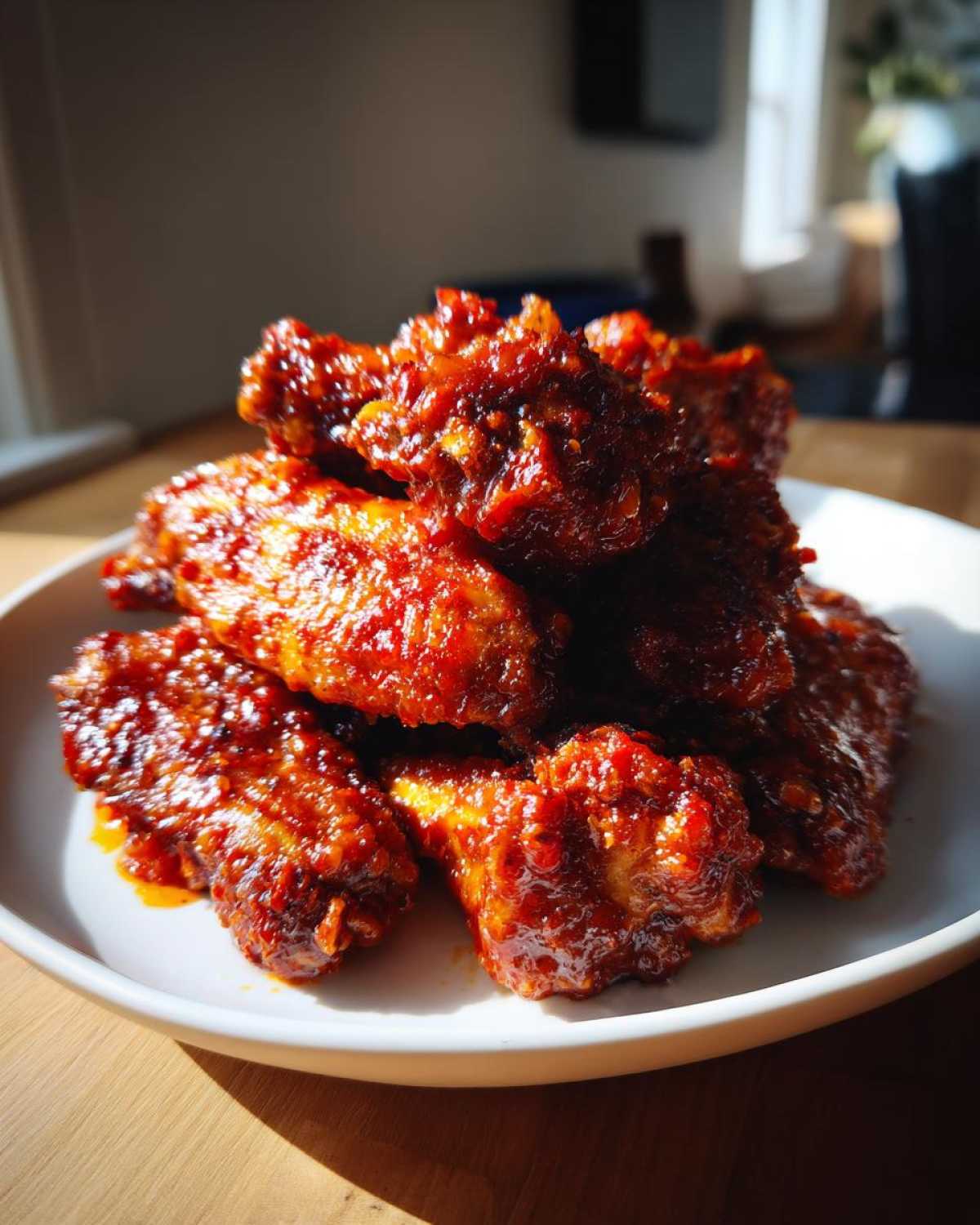 A close-up of a pile of sticky and crispy Honey Sriracha Chicken Wings coated in a vibrant red glaze.