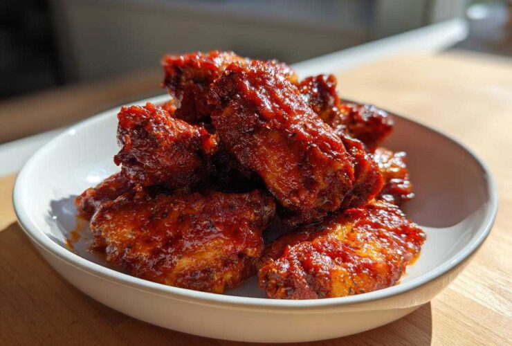 A close-up of sticky and crispy Honey Sriracha Chicken Wings piled high in a white bowl.