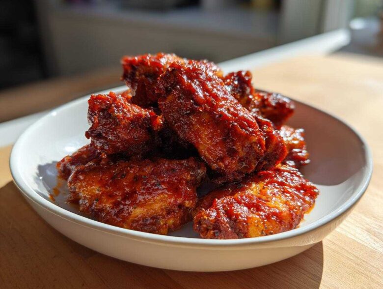 A close-up of sticky and crispy Honey Sriracha Chicken Wings piled high in a white bowl.