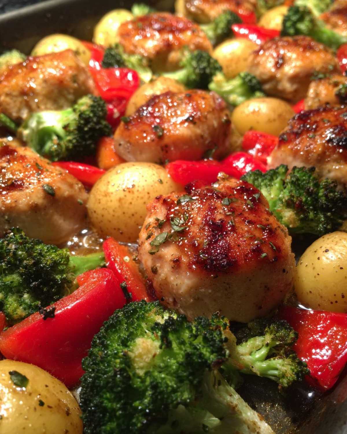 Close-up of golden brown Garlic Butter Chicken Bites roasted with broccoli, red peppers, and small potatoes.