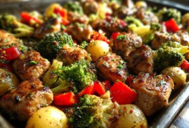 Close-up of browned Garlic Butter Chicken Bites mixed with roasted broccoli, red peppers, and small potatoes on a sheet pan.
