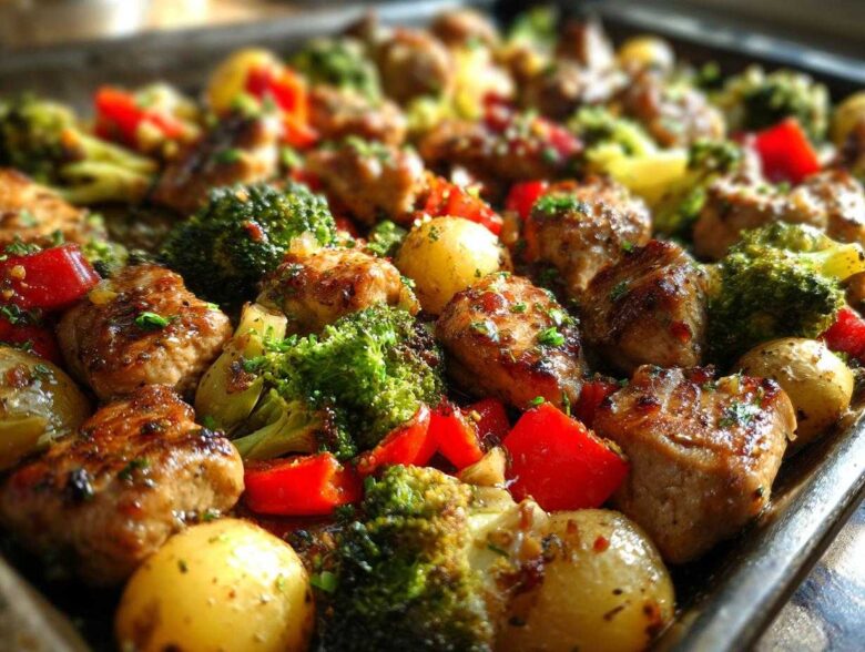Close-up of browned Garlic Butter Chicken Bites mixed with roasted broccoli, red peppers, and small potatoes on a sheet pan.
