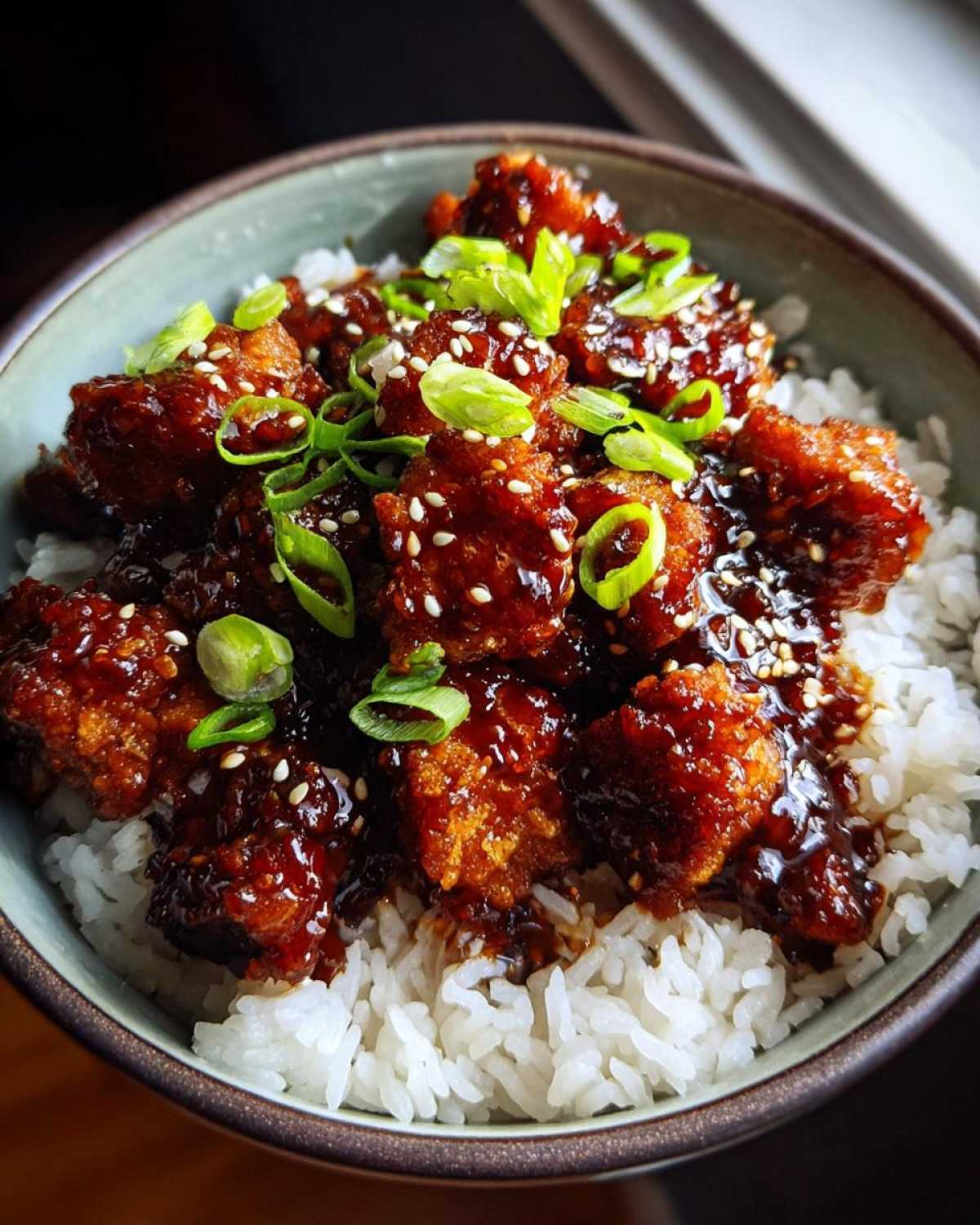 Close-up of a Sticky BBQ Chicken Bowl with Rice, topped with sesame seeds and green onions.