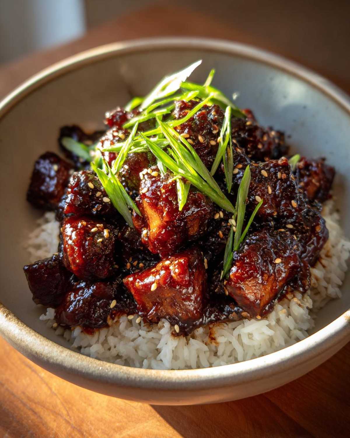 Close-up of a Sticky BBQ Chicken Bowl with Rice, topped with sesame seeds and green onions.