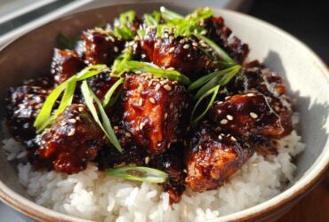 Close-up of a Sticky BBQ Chicken Bowl with Rice, topped with sesame seeds and green onions.