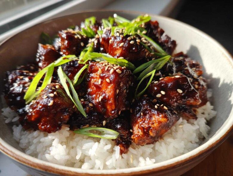 Close-up of a Sticky BBQ Chicken Bowl with Rice, topped with sesame seeds and green onions.
