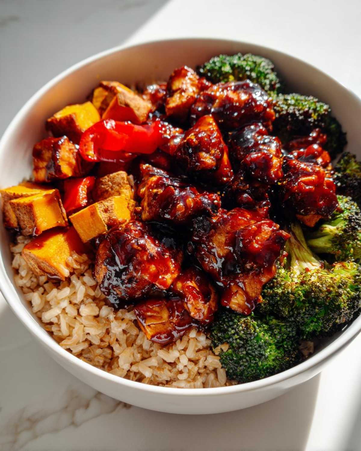 Close-up of a Sticky BBQ Chicken Bowl featuring glazed chicken pieces over brown rice with roasted sweet potatoes, red peppers, and broccoli florets.