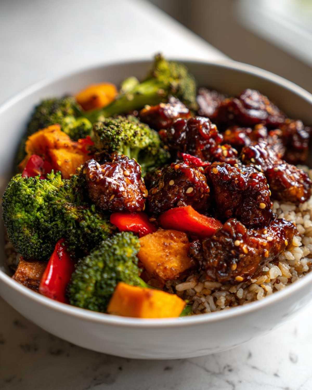 Close-up of a white bowl filled with brown rice, broccoli, sweet potato, and pieces of Sticky BBQ Chicken Bowl coated in a dark glaze.