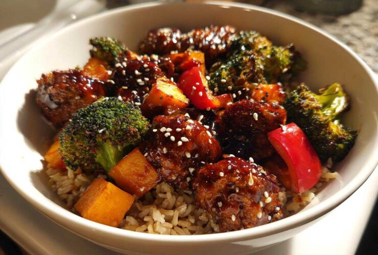 Close-up of a Sticky BBQ Chicken Bowl with brown rice, broccoli, sweet potato, and red peppers, topped with sesame seeds.