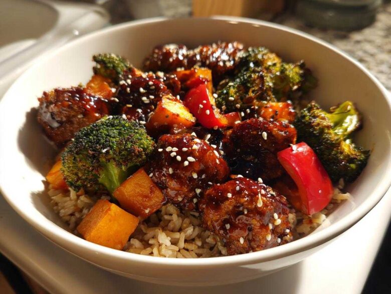 Close-up of a Sticky BBQ Chicken Bowl with brown rice, broccoli, sweet potato, and red peppers, topped with sesame seeds.