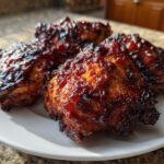 Four glistening Sticky BBQ Chicken Thighs with crispy, caramelized edges served on a white plate.