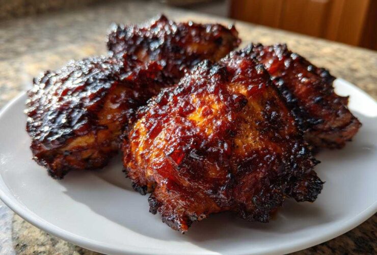 Four glistening Sticky BBQ Chicken Thighs with crispy, caramelized edges served on a white plate.