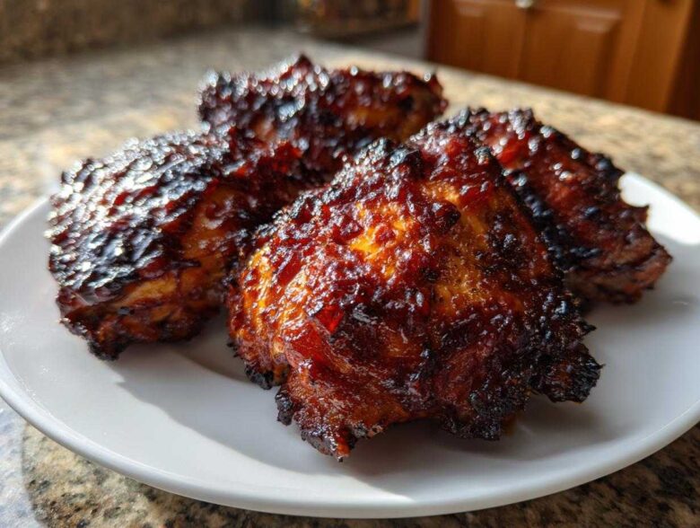 Four glistening Sticky BBQ Chicken Thighs with crispy, caramelized edges served on a white plate.