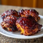 Four perfectly cooked Sticky BBQ Chicken Thighs with a dark, glossy glaze and crispy edges served on a white plate.