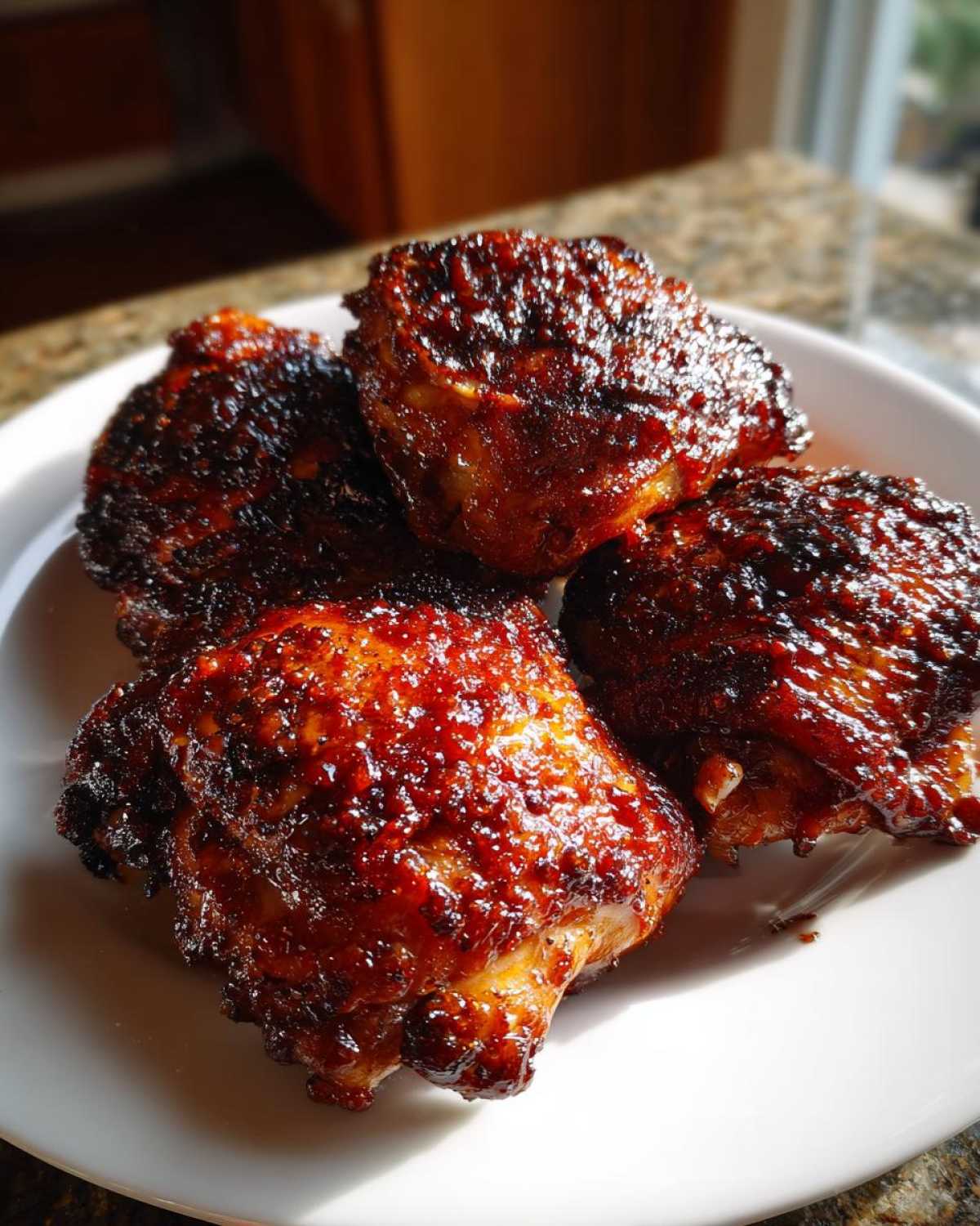 Four perfectly cooked Sticky BBQ Chicken Thighs with a dark, glossy, and crispy glaze resting on a white plate.