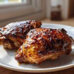 Close-up of two perfectly cooked Sticky BBQ Chicken Thighs with a rich, shiny honey glaze on a white plate.