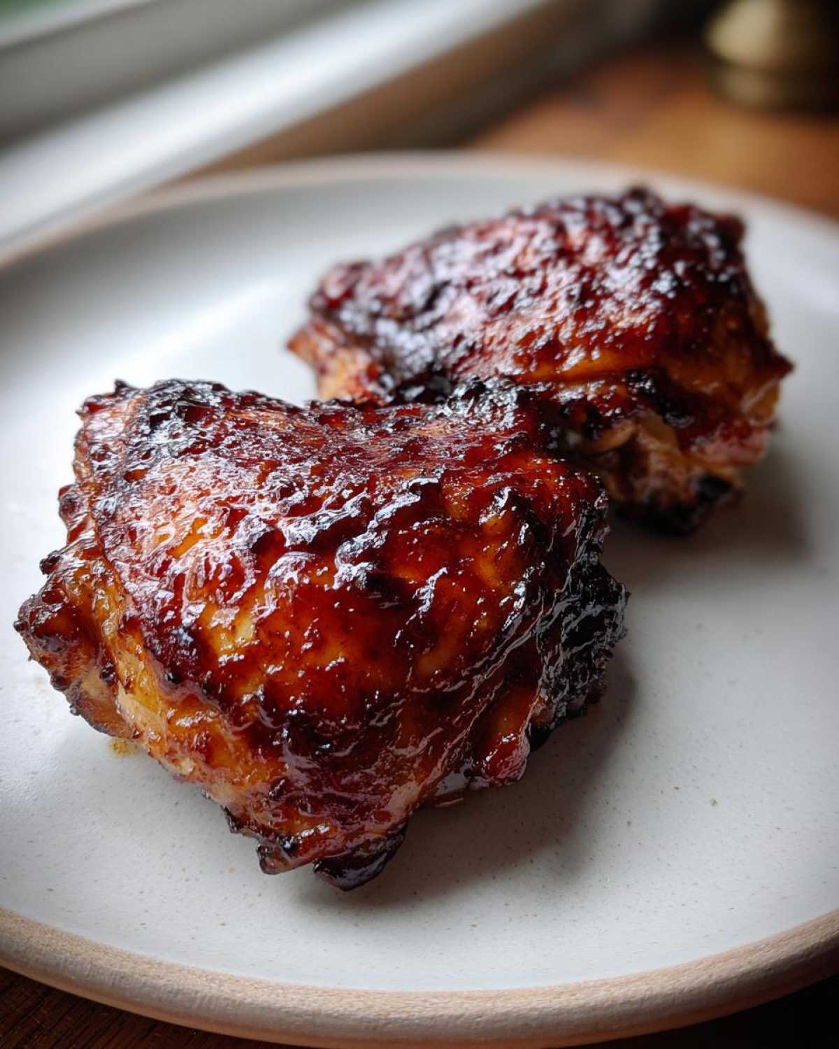 Close-up of two juicy Sticky BBQ Chicken Thighs with Honey Glaze on a light plate.