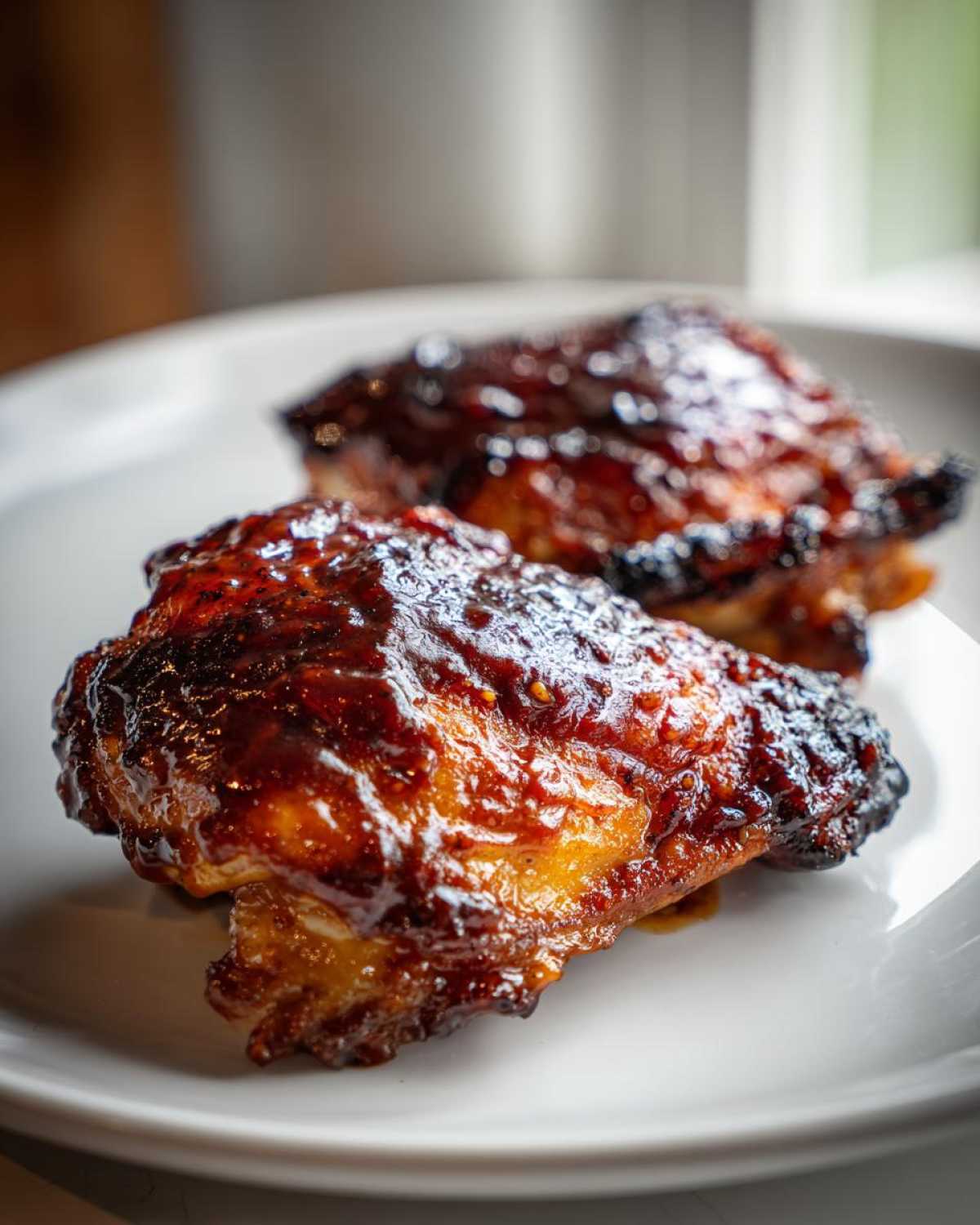 Two glistening Sticky BBQ Chicken Thighs with Honey Glaze served on a white plate.