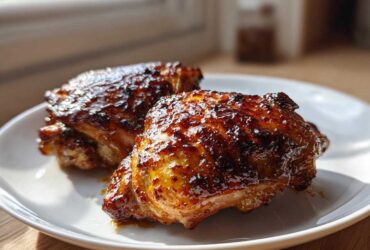 Close-up of two perfectly cooked Sticky BBQ Chicken Thighs with a rich, shiny honey glaze on a white plate.