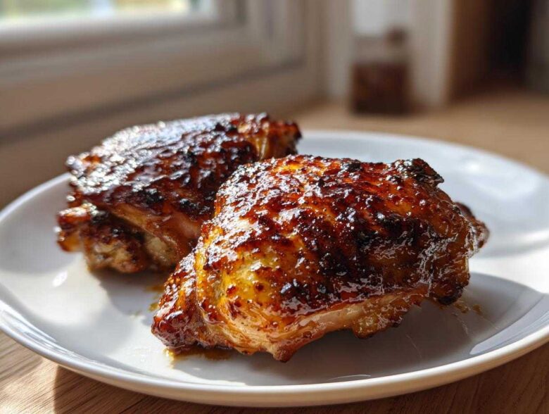 Close-up of two perfectly cooked Sticky BBQ Chicken Thighs with a rich, shiny honey glaze on a white plate.