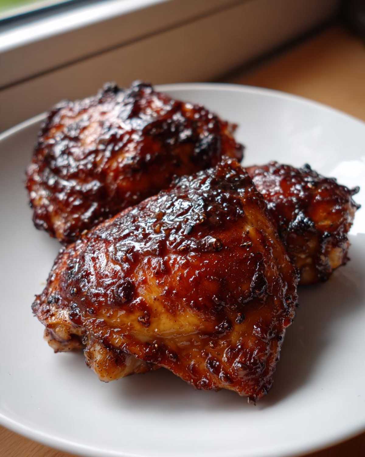 Three perfectly cooked Sticky BBQ Chicken Thighs glistening with a dark honey glaze on a white plate.