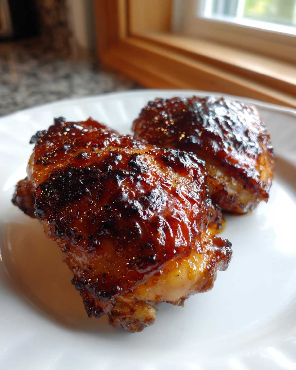 Two pieces of juicy chicken thighs coated in a thick, dark, and glossy honey glaze, ready to eat.