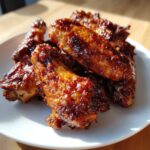 Close-up of several Sticky BBQ Chicken Wings with Honey Glaze piled on a white plate, glistening under natural light.