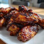 Close-up of perfectly cooked Sticky BBQ Chicken Wings with a dark, shiny honey glaze piled on a white serving dish.