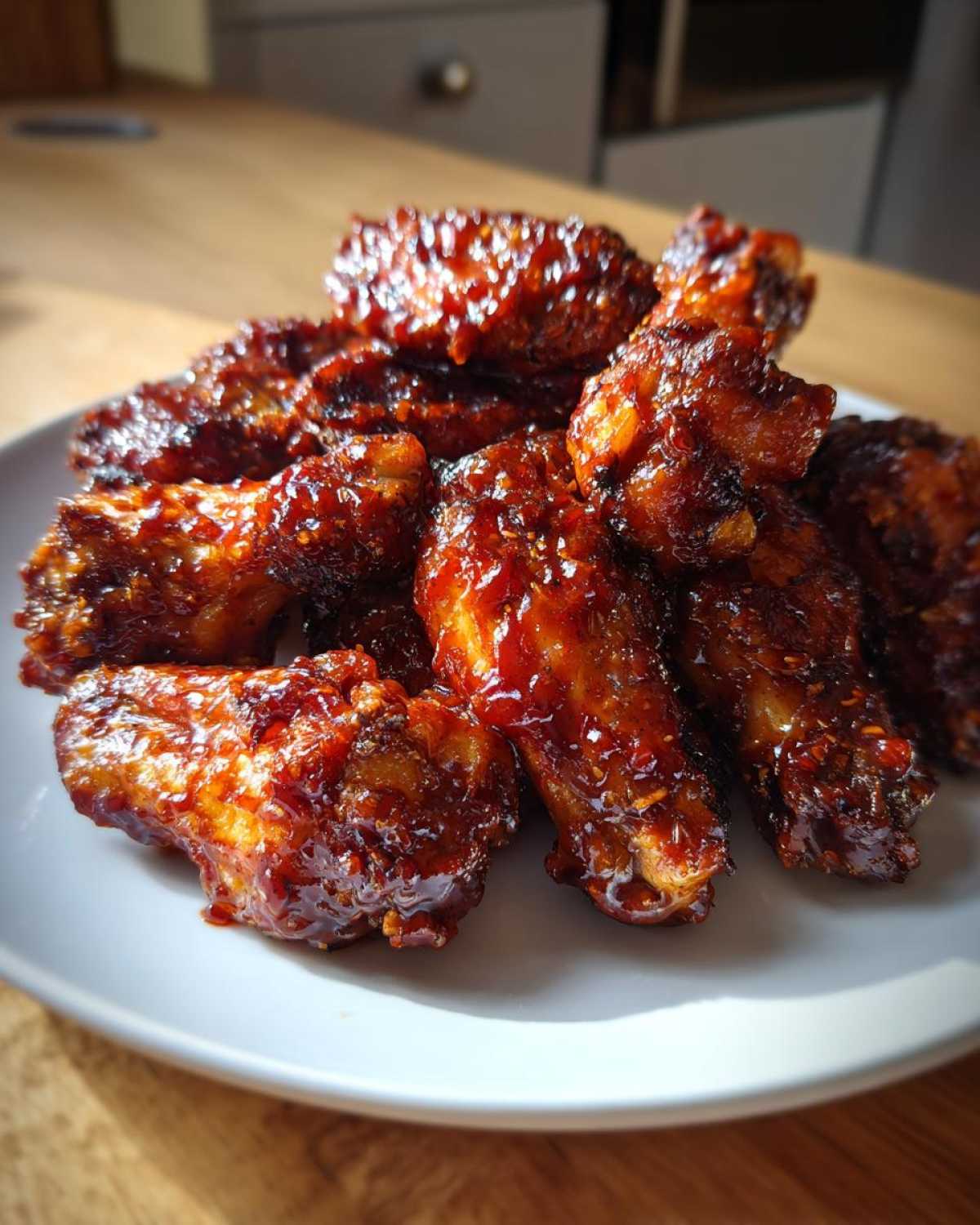 Close-up of a pile of glossy, dark red Sticky BBQ Chicken Wings with Honey Glaze served on a white plate.