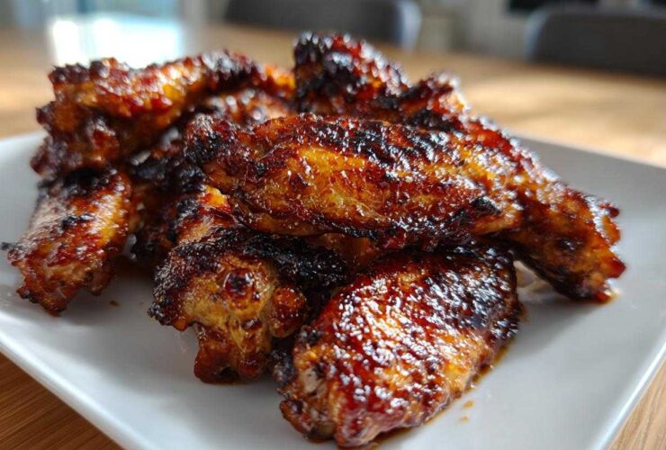 Close-up of perfectly cooked Sticky BBQ Chicken Wings with a dark, shiny honey glaze piled on a white serving dish.