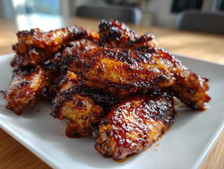 Close-up of perfectly cooked Sticky BBQ Chicken Wings with a dark, shiny honey glaze piled on a white serving dish.