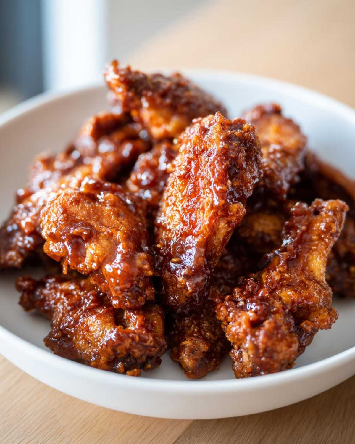 A white bowl filled with crispy, dark brown Sticky BBQ Chicken Wings coated in a thick, glossy honey glaze.