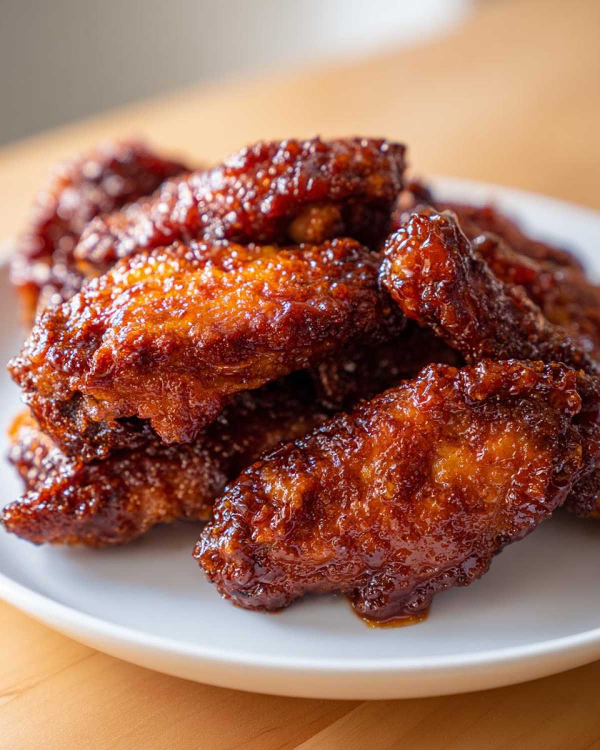 A close-up of a pile of glistening Sticky BBQ Chicken Wings with Honey Glaze served on a white plate.