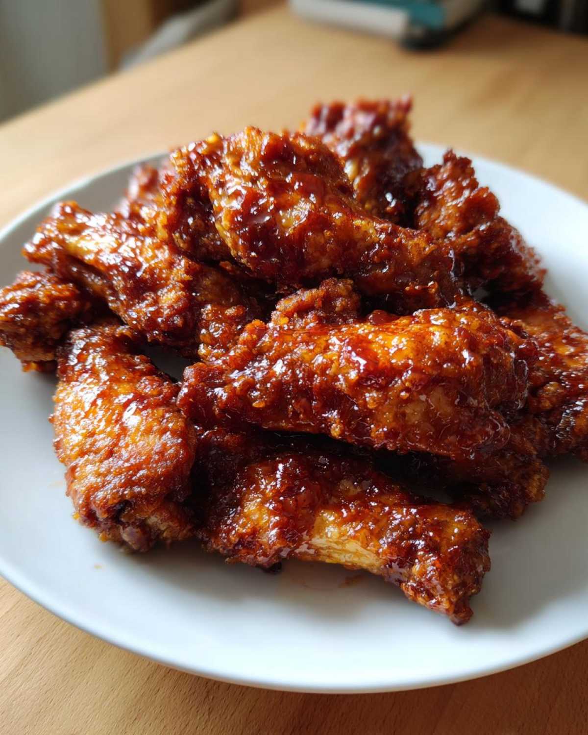 A close-up of crispy chicken wings heavily coated in a shiny, dark Sticky BBQ Chicken Wings with Honey Glaze.