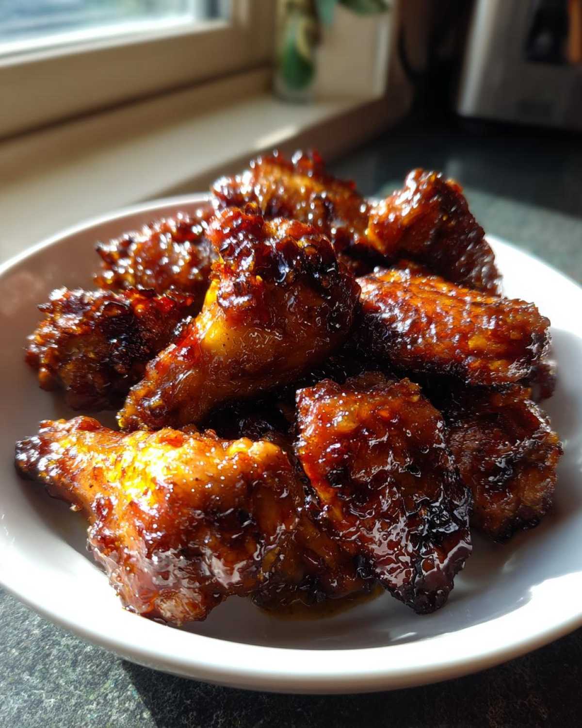 A close-up of sticky, glazed Honey Garlic Chicken Wings Oven Baked piled high in a white bowl.