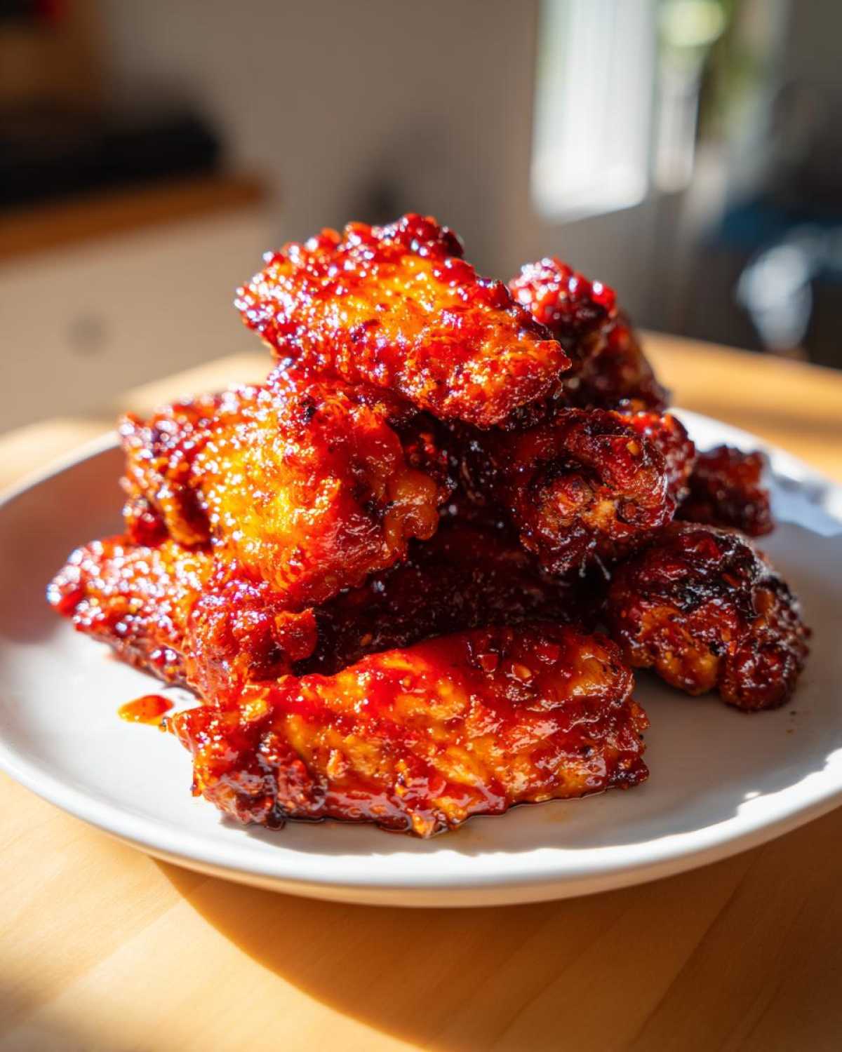 A close-up stack of incredibly sticky and crispy Honey Sriracha Chicken Wings glistening under bright sunlight.