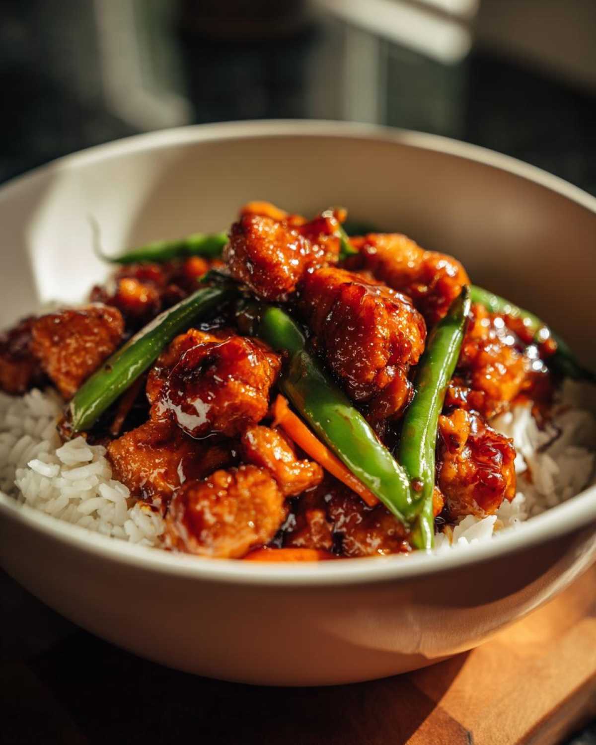 Close-up of a Sticky Orange Chicken Bowl with rice, topped with glossy orange chicken pieces, bright green beans, and carrot slivers.