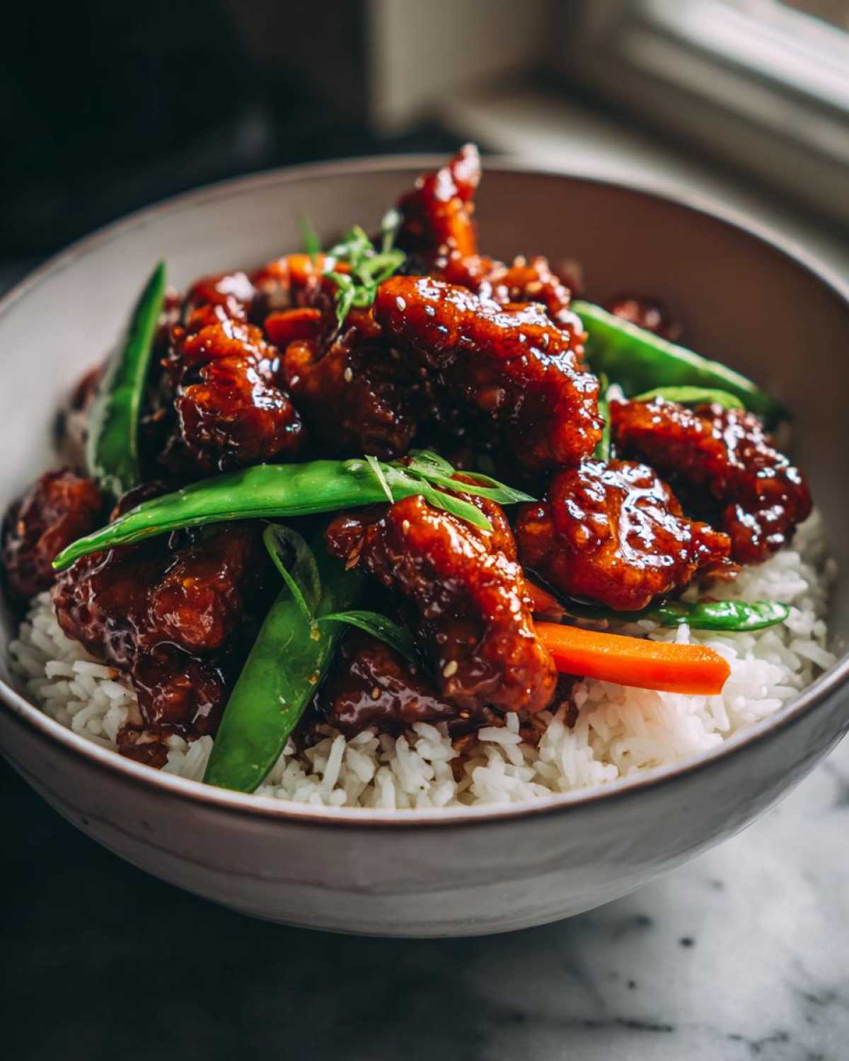 Close-up of a Sticky Orange Chicken Bowl featuring glazed chicken pieces over white rice with snow peas and carrots.
