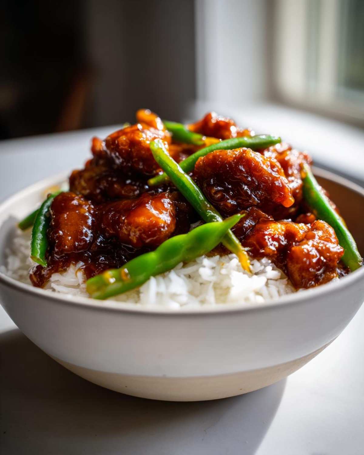 Close-up of a Sticky Orange Chicken Bowl featuring glazed chicken pieces and bright green beans served over white rice.