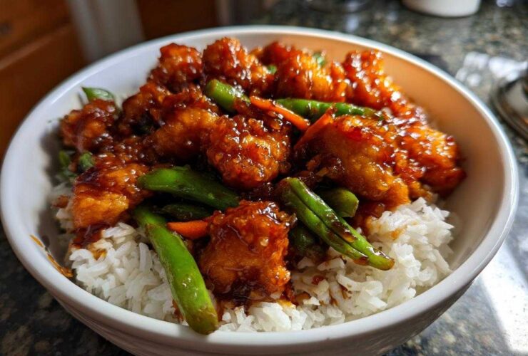 Close-up of a white bowl filled with Sticky Orange Chicken Bowl with Rice and Veggies, featuring glazed chicken pieces and bright green snap peas.