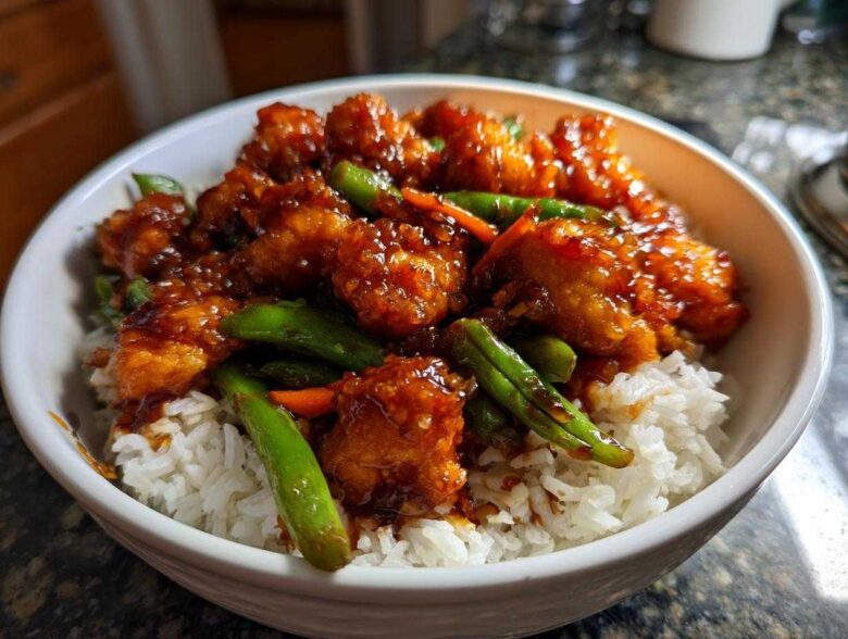 Close-up of a white bowl filled with Sticky Orange Chicken Bowl with Rice and Veggies, featuring glazed chicken pieces and bright green snap peas.