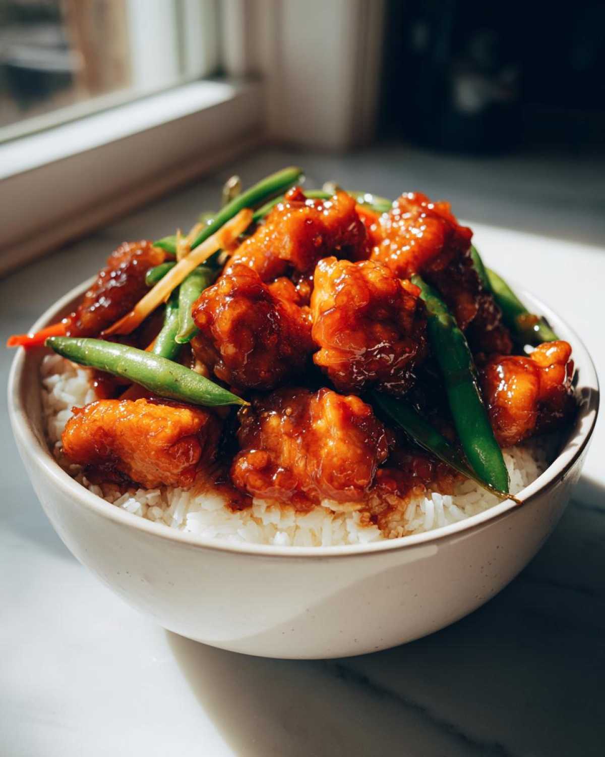 Close-up of a bowl filled with white rice topped with glossy Sticky Orange Chicken Bowl with Rice and Veggies and bright green snap peas.