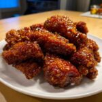 A close-up of a pile of crispy chicken pieces coated in a thick, glistening sauce, representing Sticky Orange Chicken Thighs.