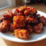 A white plate piled high with glistening, deep orange-glazed Sticky Orange Chicken Thighs, sprinkled with sesame seeds.